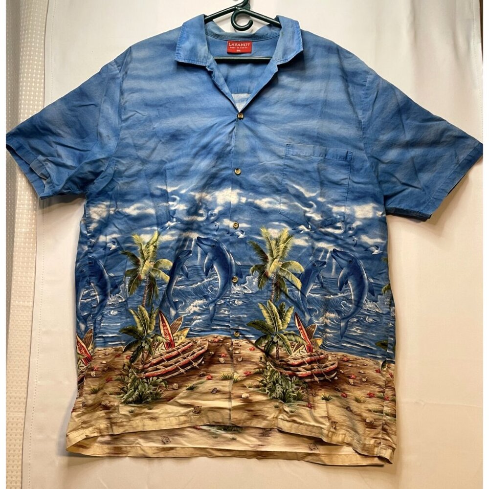 Lava Hut Hawaiian shirt mens 3XL short sleeve ocean dolphins made in Hawaii blue